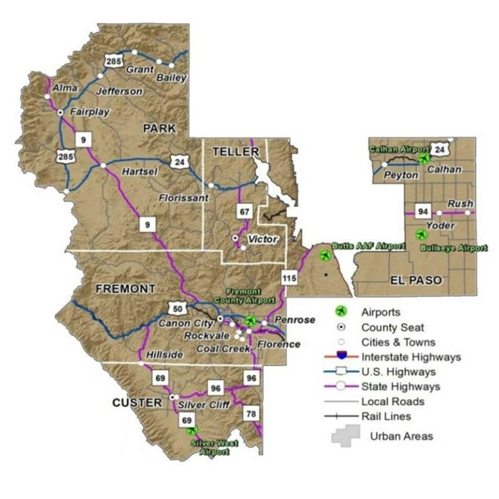 A map of the service area serviced by the Central Front Range Transportation Planning Region